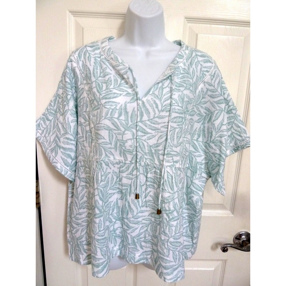 NWT Wonderly Women Size L Green White Leaf Gauzy Dolman Sleeve Gathered Blouse